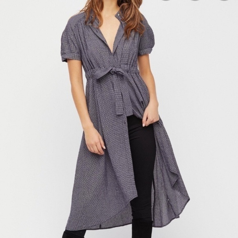 Free People Retro Romance Navy Gingham Button Front Maxi Top